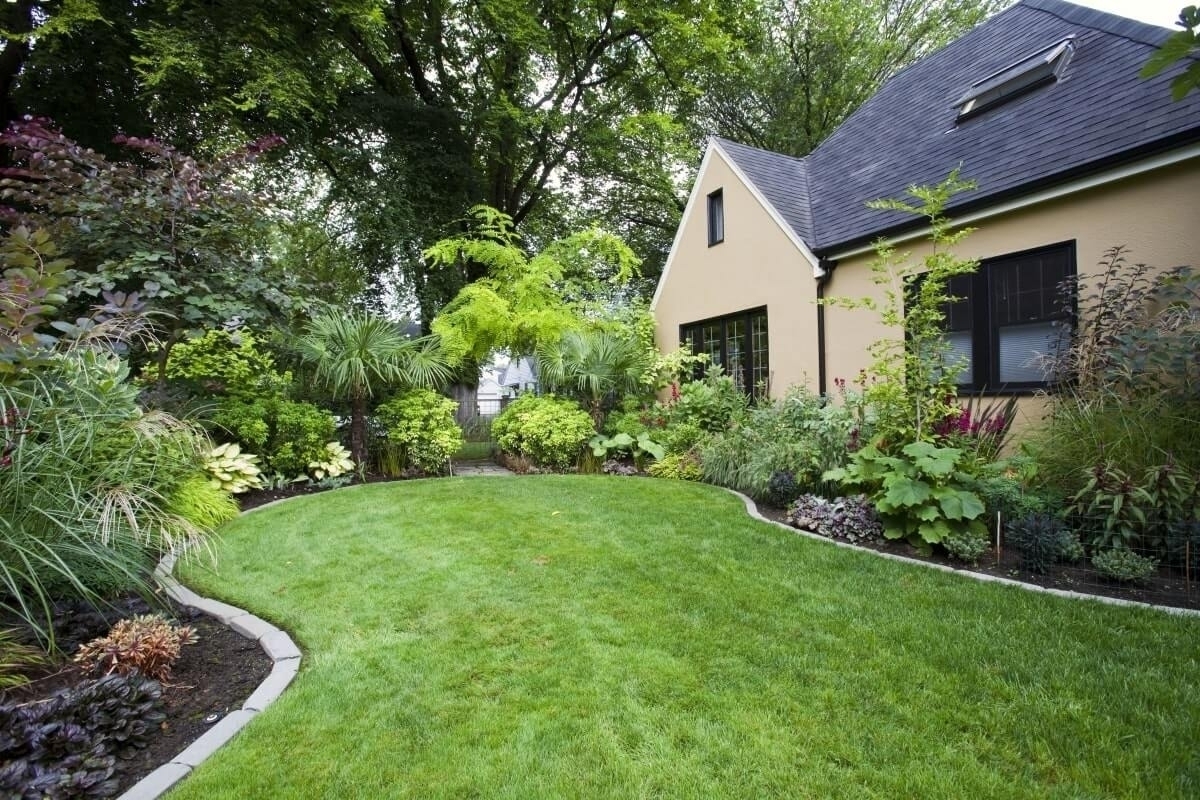 Lush green backyard with diverse plants, stone edging, and a tan house.